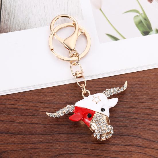 Creative Bull Head Keychain Alloy Animal Pendant with Colored Rhinestone Lobster Clasp Stylish Accessory for Keys Bags Backpacks Gift