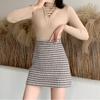 Nouă, toamnă iarnă, elegantă, fustă înfășurată cu picior de gală, fuste din lână, carouri, talie înaltă, mini rochie de modă coreeană.