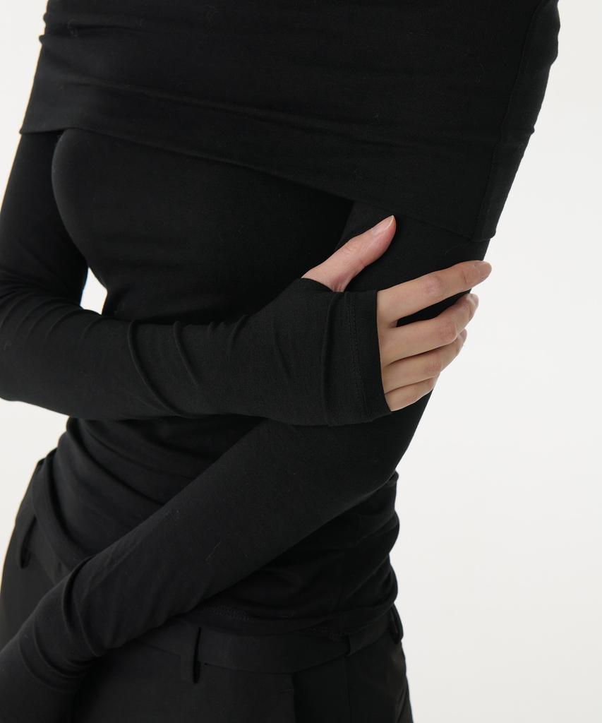 MUSINSA STANDARD WOMAN Women'S Tencel Turn Down Off-Shoulder Long Sleeve T-Shirt [Black]