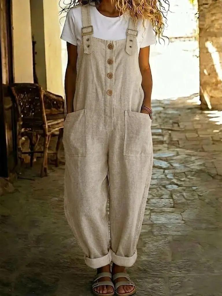 2026 Cotton Linen Retro Pocket Straight-Leg Overalls for Women