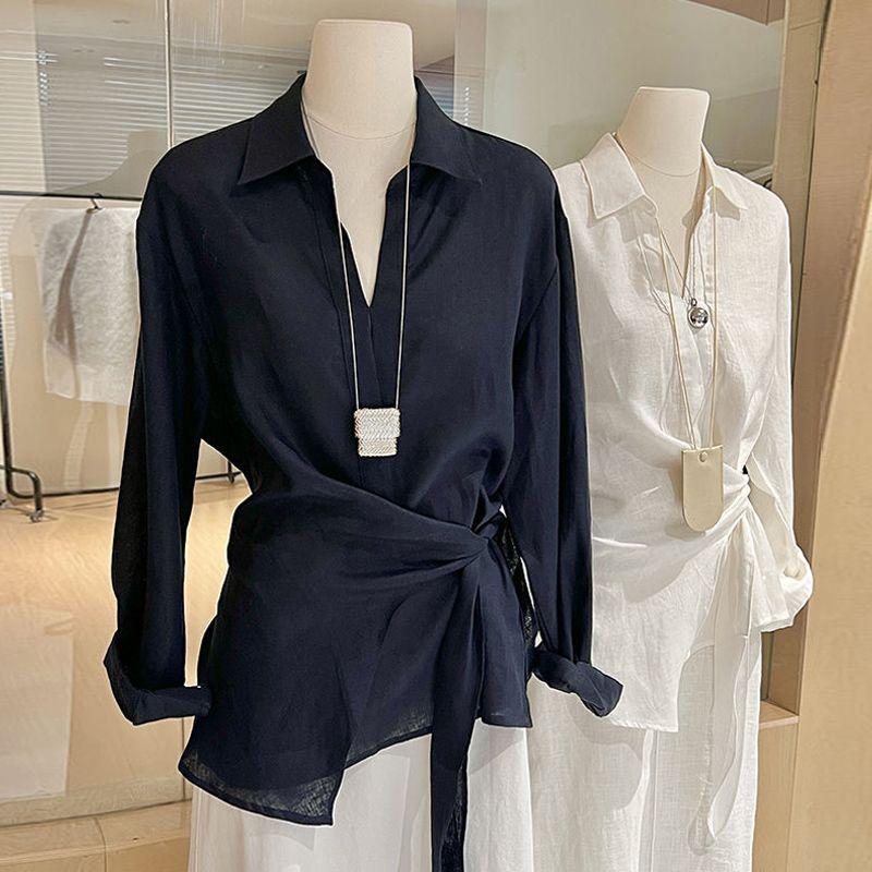 Chic Irregular Lace-Up Waist Shirt: Women's French Old Money Style Long Sleeve Top