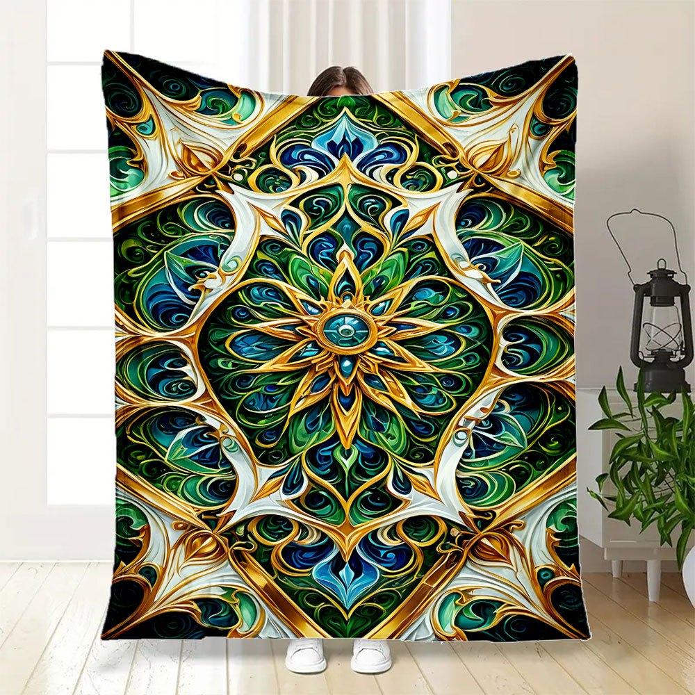 "Golden Mandala Artwork: Vibrant Green & Blue Decorative Pattern"Blanket Flannel Throw Blanket for Sofa, Bed, Travel, Camping, Office, Couch