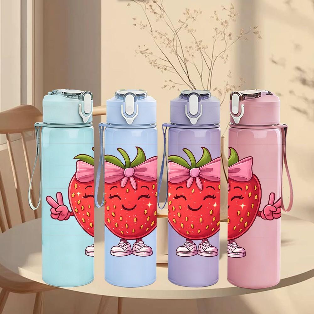 1PC Strawberry Fruit Cartoon Character Print 750ml Color Plastic Sports Water Bottle Leakproof Flip Straw Lid Suitable for Sports Office Home Use
