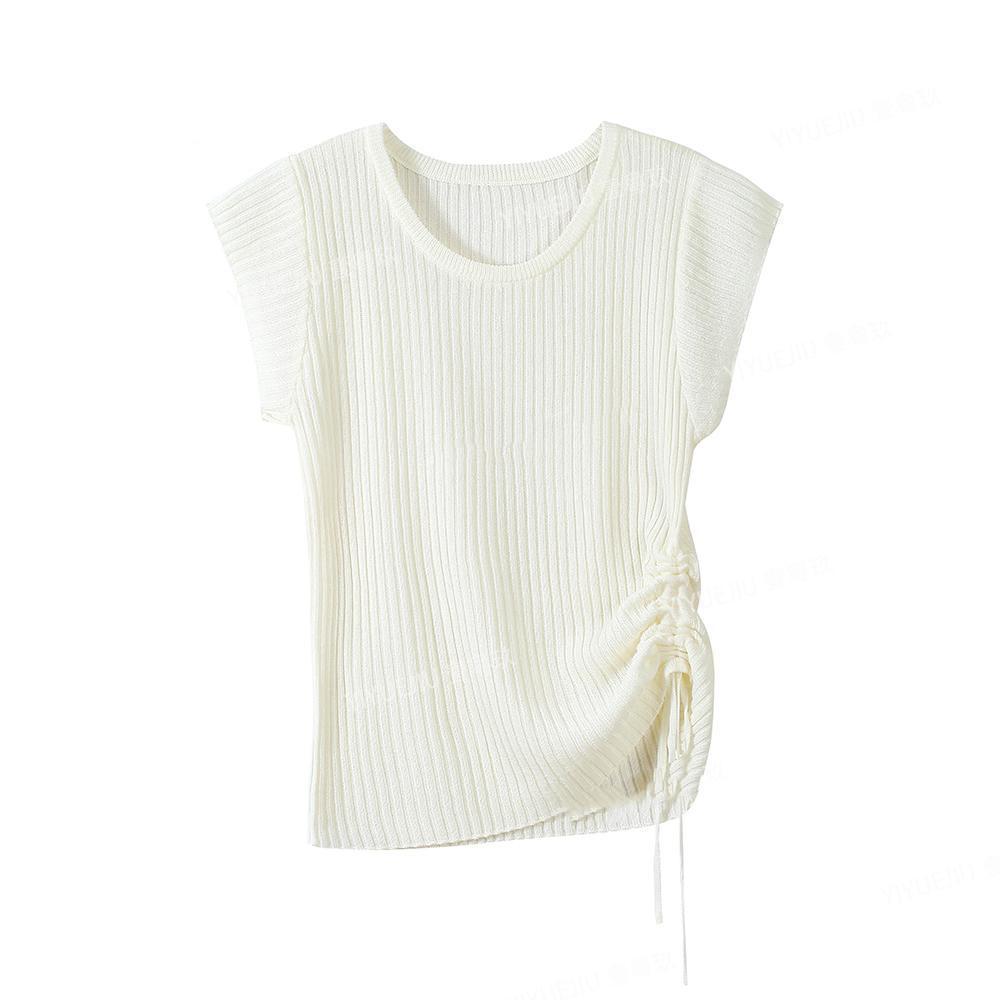 2026 Korean Style Women's Slim Fit Ice Silk Drawstring Knit Top - Short Sleeve Fashion Tee