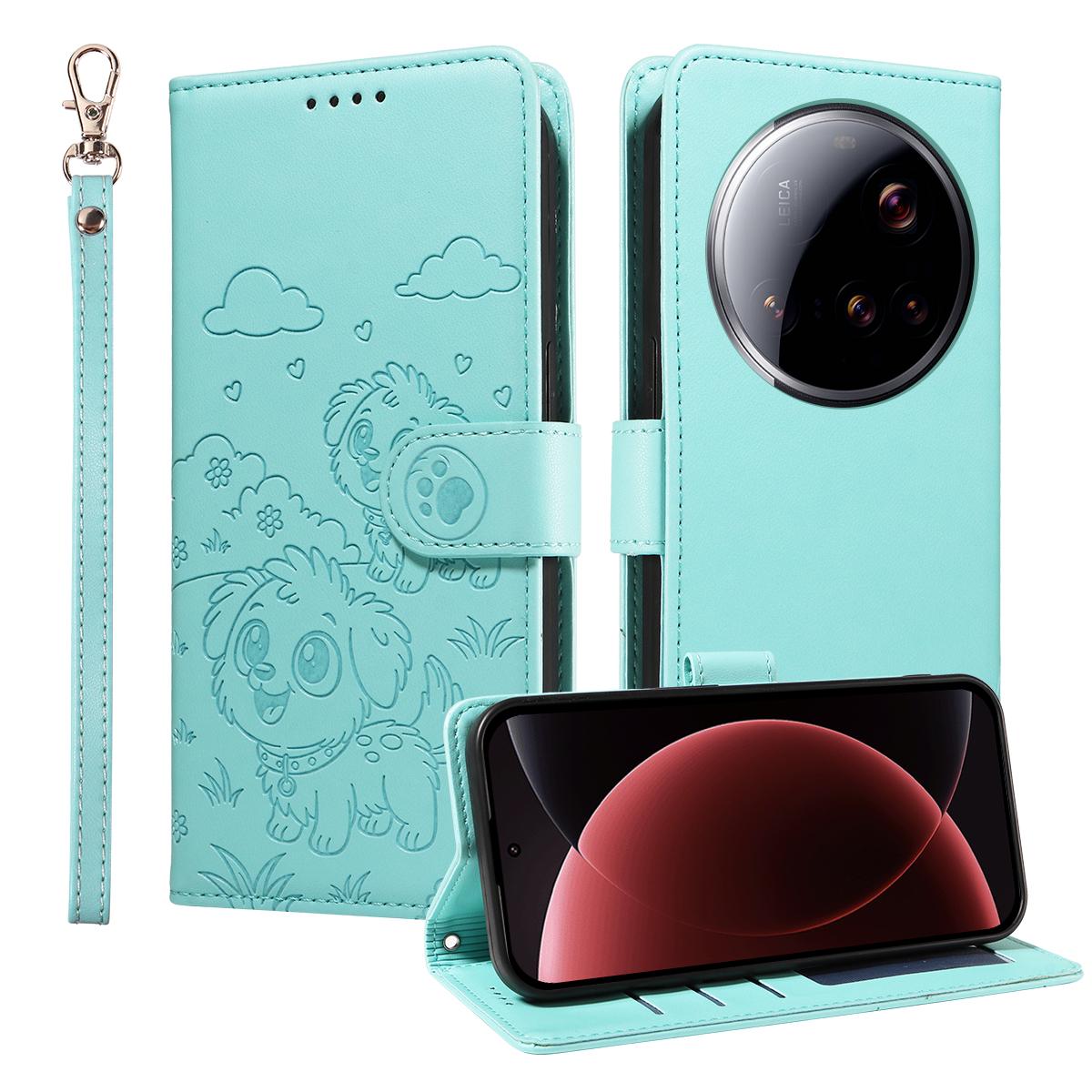 

For Xiaomi 15 Ultra Case RFID Blocking Imprinted Dog Pattern PU Leather Phone Cover with Wrist Strap Green