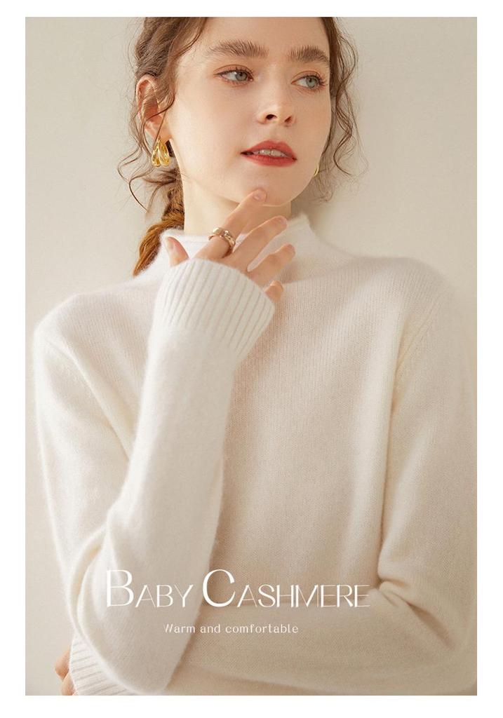 Women's Cloud-Like Cashmere Pullover Sweater - Rolled Hem, Thick, Double-Strand Knit, Half-High Neck