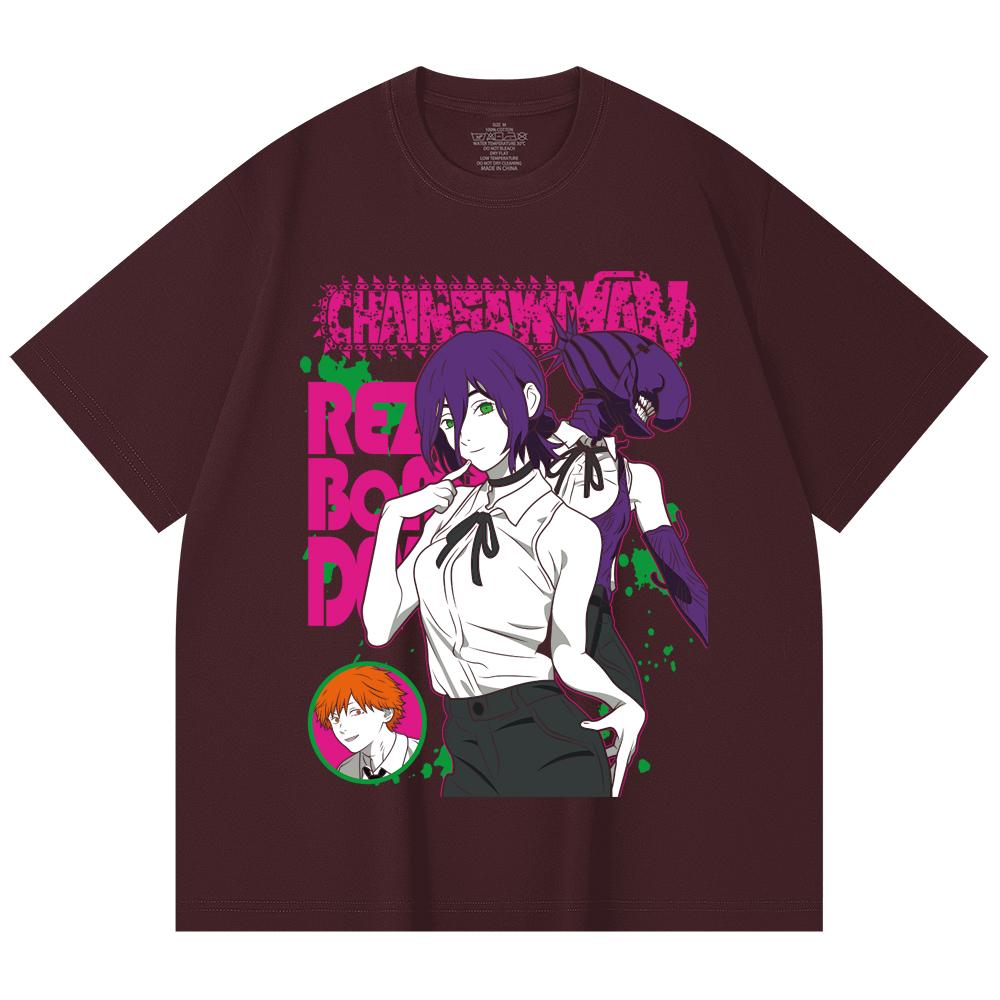 

230 Gsm 100% Cotton Chainsaw Man V44 Reze Print Unisex Heavy Cotton T Shirt 2XL вина червоного кольору