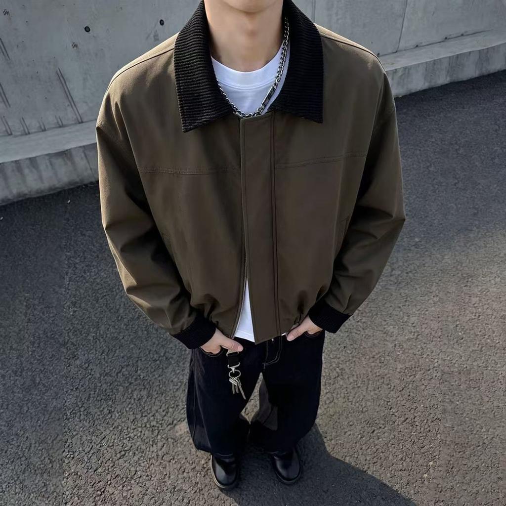 Cross-border European and American Style 2026 New Spring and Autumn Tide Brand Jacket Men's Loose Version Lantern Wrinkled Color Matching Lapel Jacket