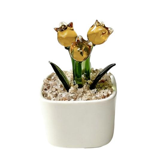Mini Potted Glass Flower Decoration Miniature Tulip Flower Planter Pot Figurine Statue Home Office Bookshelf Desktop Ornament