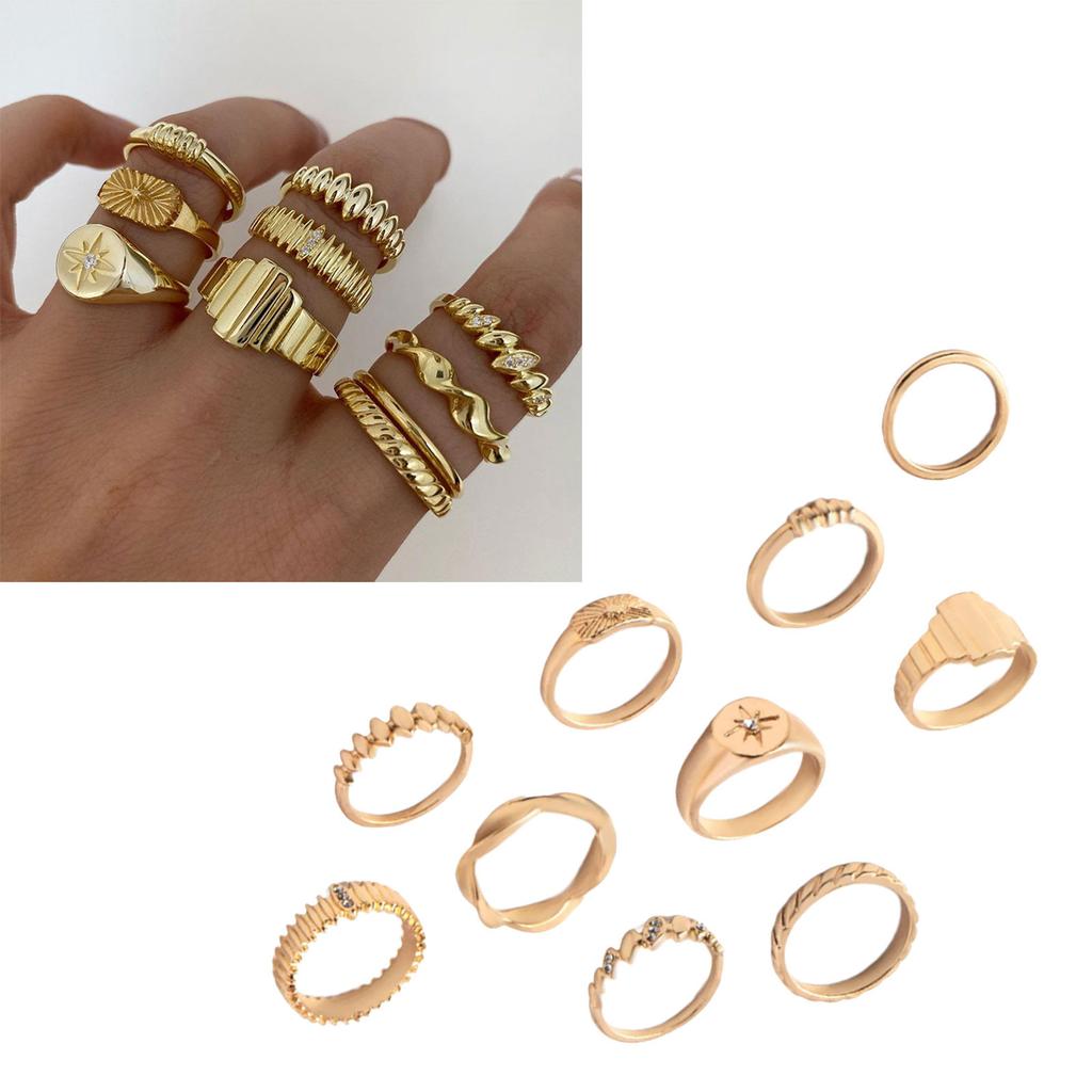10pcs Geometric Shaped Rings Set with Crystal Gold/Silver Plated Ring Adjustable Finger Rings Accessories for Women