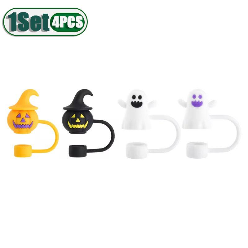 1-10Sets Halloween Straw Dust Plug Eco Friendly Pumpkin Ghost Straw Cap for Cup Reusable Dust Proof Cover for Drinks