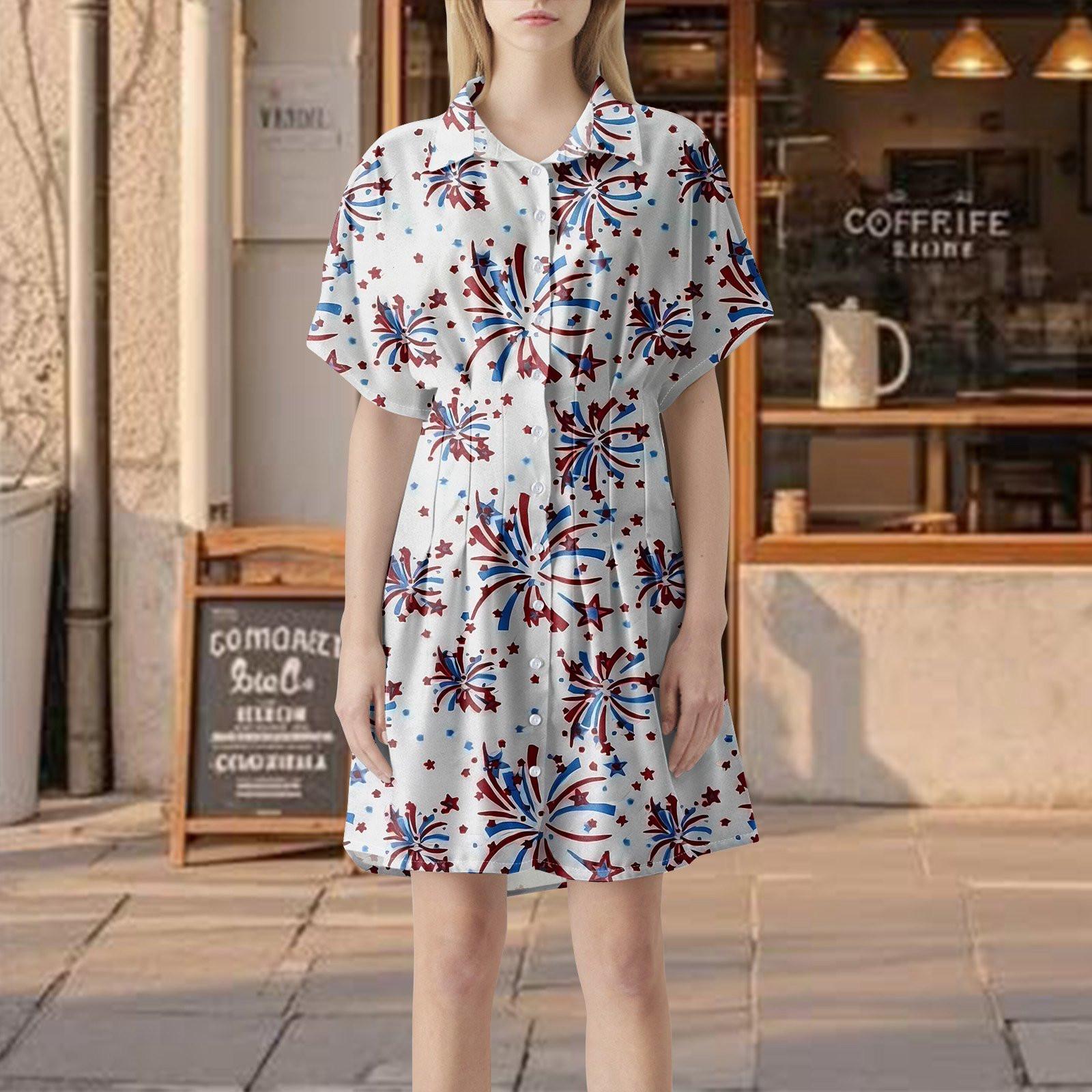 

Жіноча смугаста сукня-сорочка з плісуванням на ґудзиках, з коротким рукавом, з принтом до Дня Незалежності, літня повсякденна коротка сукня S