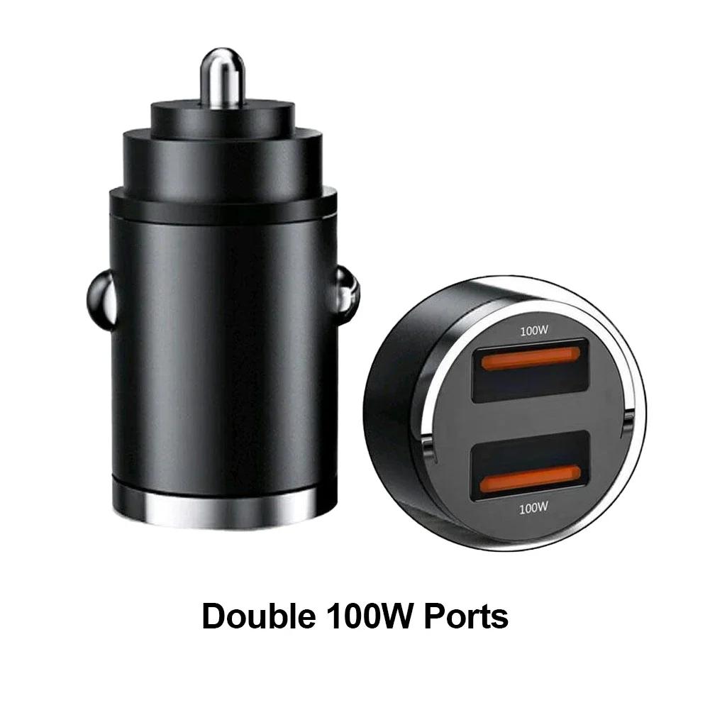 Mini 200w Car Charger Lighter Fast Charging 100w Pd Usb Type C Dual Ports Invisible Metal Charger For Xiaomi Samsung Huawei