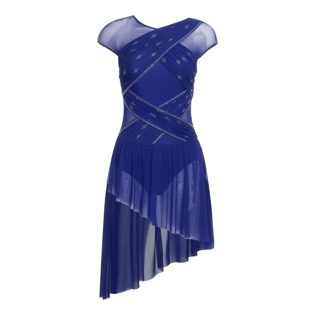 Dames Kunstschaats Leotard Jurk Gerimpelde Mesh Overlay Strass Onregelmatige Zoom Openbare Kruis Bodysuit