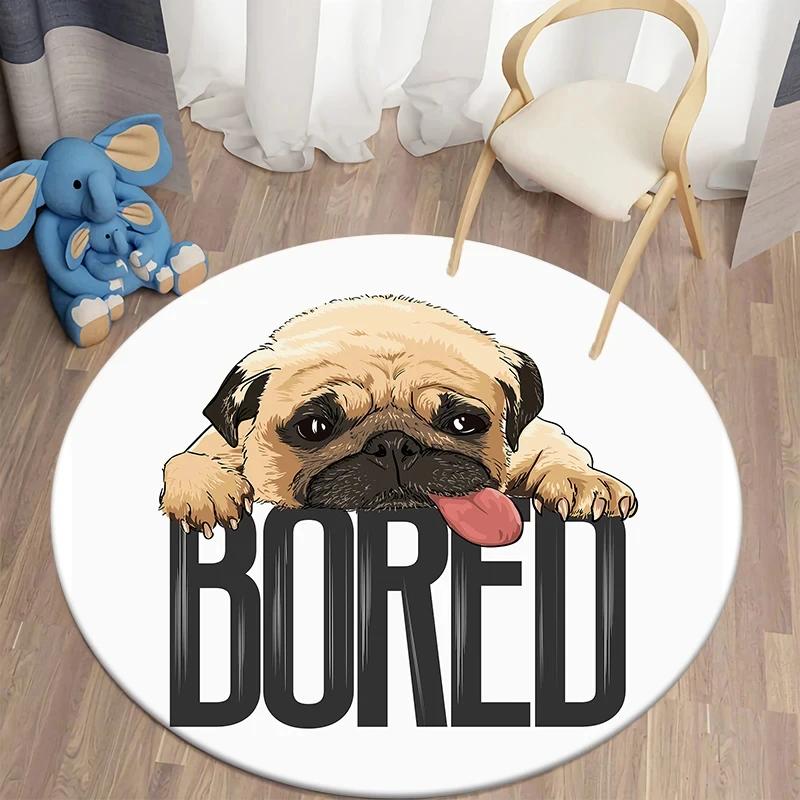 Cute Pug Dog Round Carpet Kawaii Pet Area Rug for Living Room Bedroom Decor Anti-Slip Floor Mat Circle Kitchen Entrance Doormat