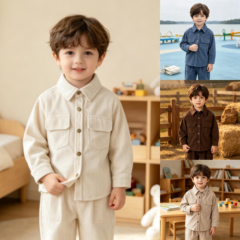 Boys' Casual Cotton Long Sleeve Stand Collar Shirt for Spring Everyday Wear