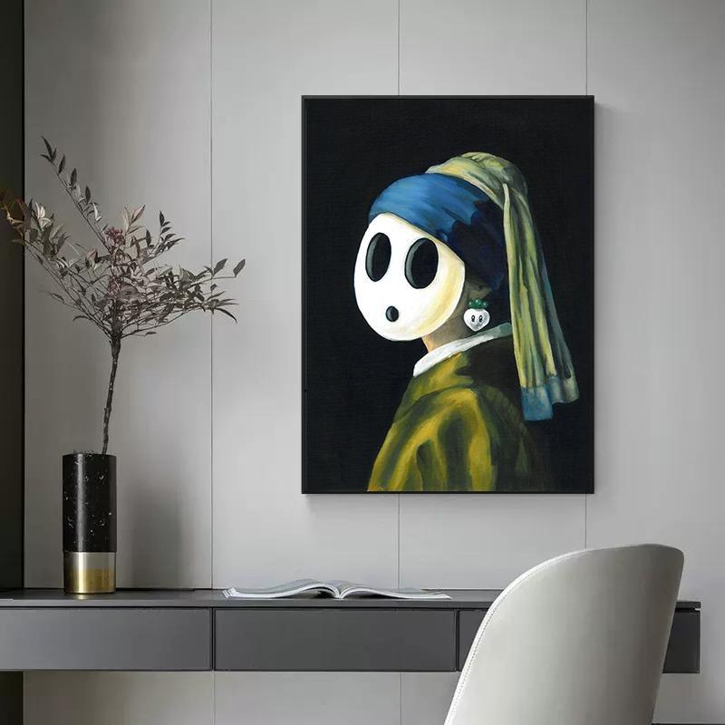 İnci küpeli ünlü kız, posterler, tuval, yağlı boya, komik köpek yavrusu, çiçekler, gitar, oturma odası için duvar sanatı, ev dekoru