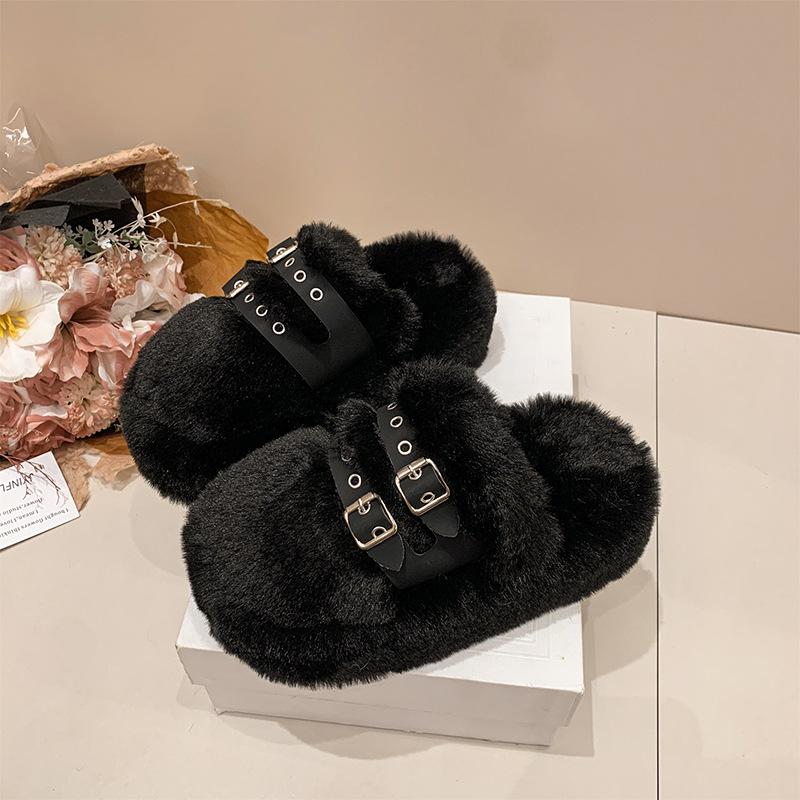 Baotou Thick-soled Fluffy Slippers Women's Autumn and Winter 2025 New Fashion Outer Wear Belt Buckle Fleece Thermal Cotton Slippers