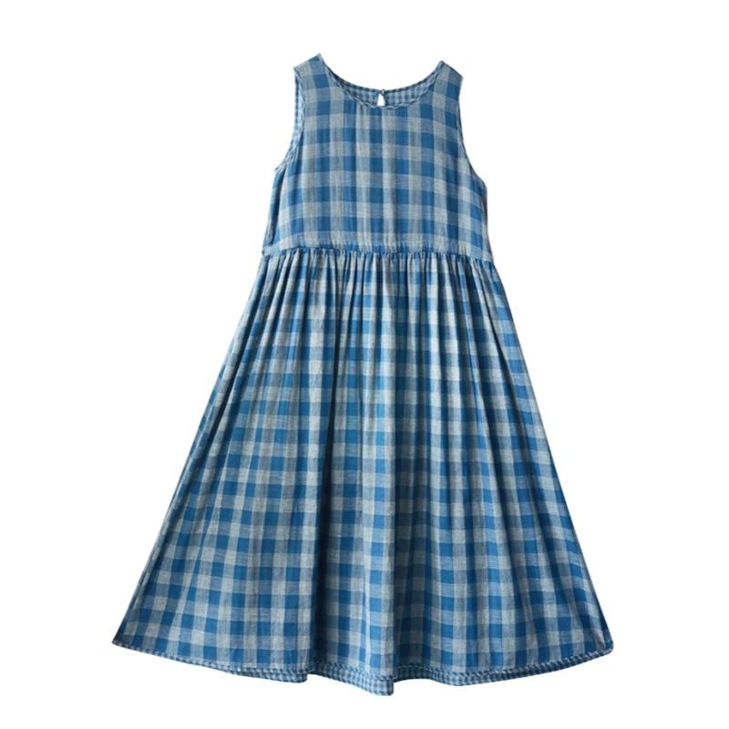 2025 Summer New Cotton Double-layer Yarn Round Neck Plaid Long Dress Design Sense Niche Sleeveless Dress Women