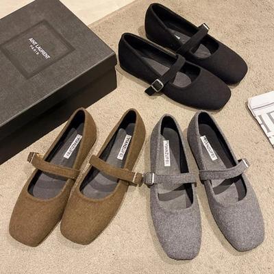Spring Autumn Female Buckle Strap Ladies Shoes Women's Felt Mary Janes Shoes Square Toe Ballet Flats