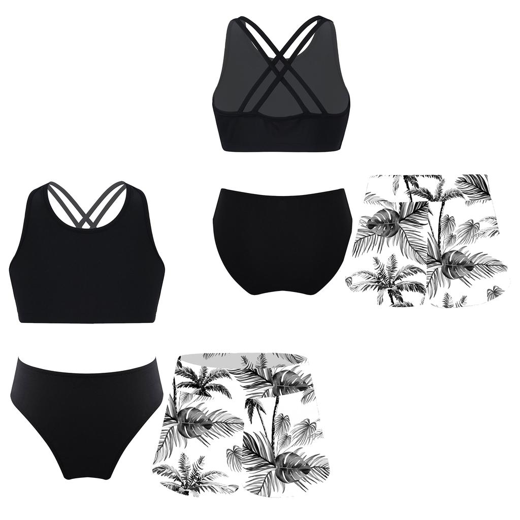 Girls Bathing Suit Set Sleeveless Round Neck Crop Top Wide Elastic Waistband Shorts Beach Swimming Outfit
