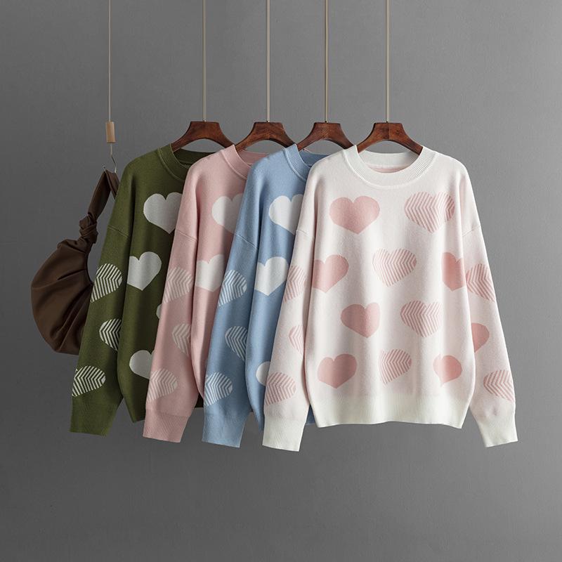 2024 Autumn/Winter Heart Jacquard Plus Size Loose Knit Pullover Sweater for Women