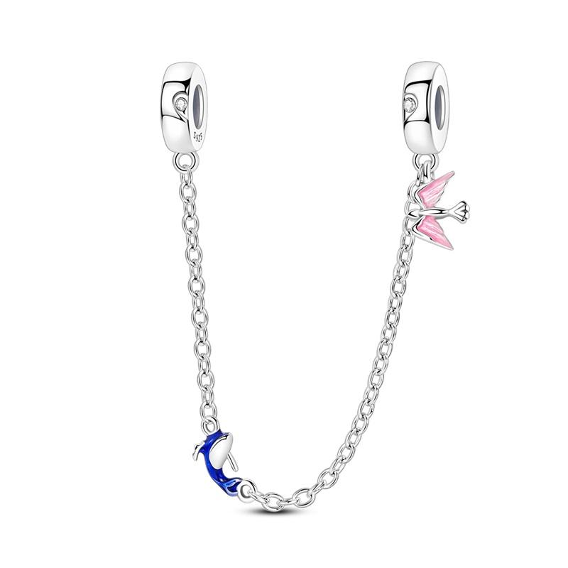 925 Silver Safety Chain Charm Bracelet Set Clover Lock Key Bear Peace Dove Fruit Decoration Beaded Fine Jewelry Gift