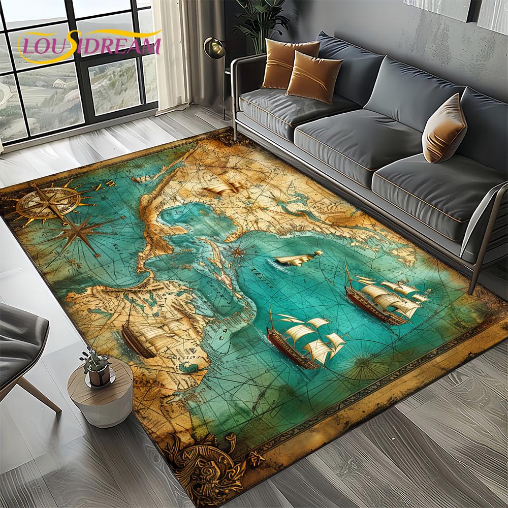 27 Style Retro Marine Nautical Chart Compass Map Carpet Rug for Home Living Room Bedroom Sofa Doormat Decor,Non-slip Floor Mat