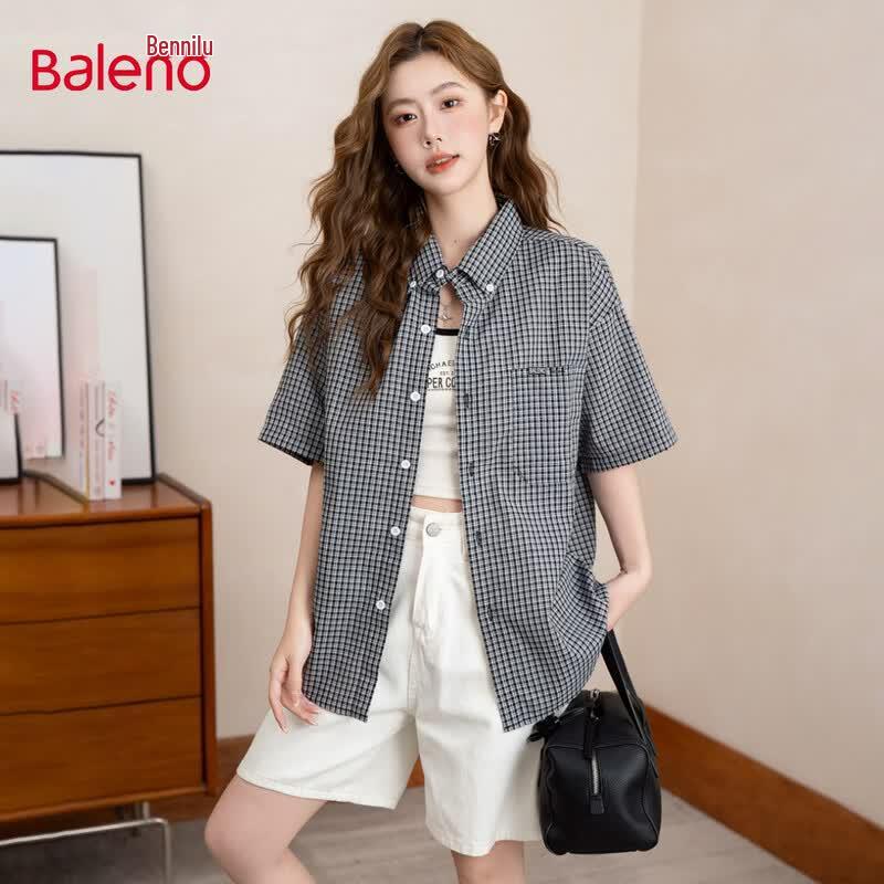 Baleno Women s Plaid Lapel Short Sleeve Casual Shirt XL
