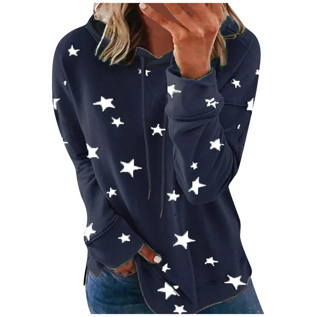 Women Fashion Hooded Star Print Patchwork Long Sleeves Tops Blouse Sweatshirt