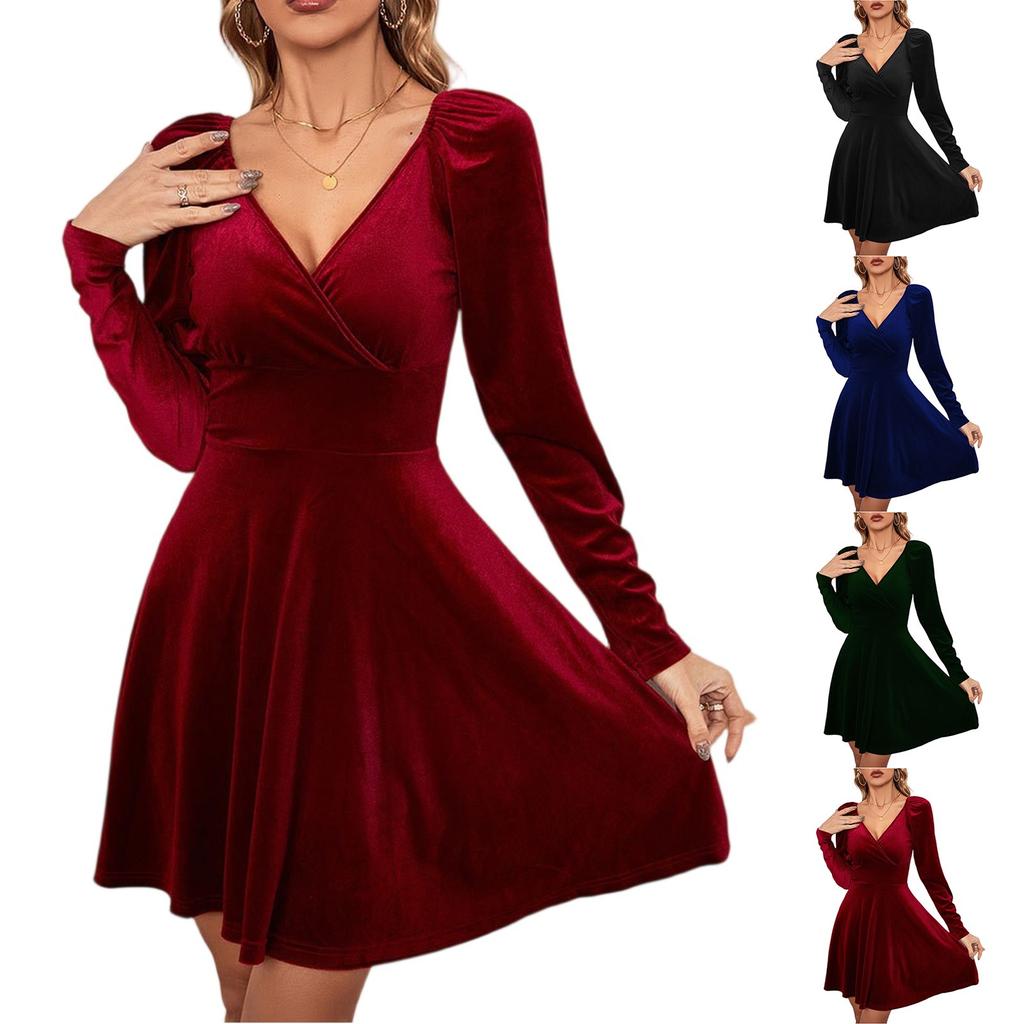 Ladies' Fashion V-neck Solid Color Sexy Long Sleeve Dress Banquet Dress Dress