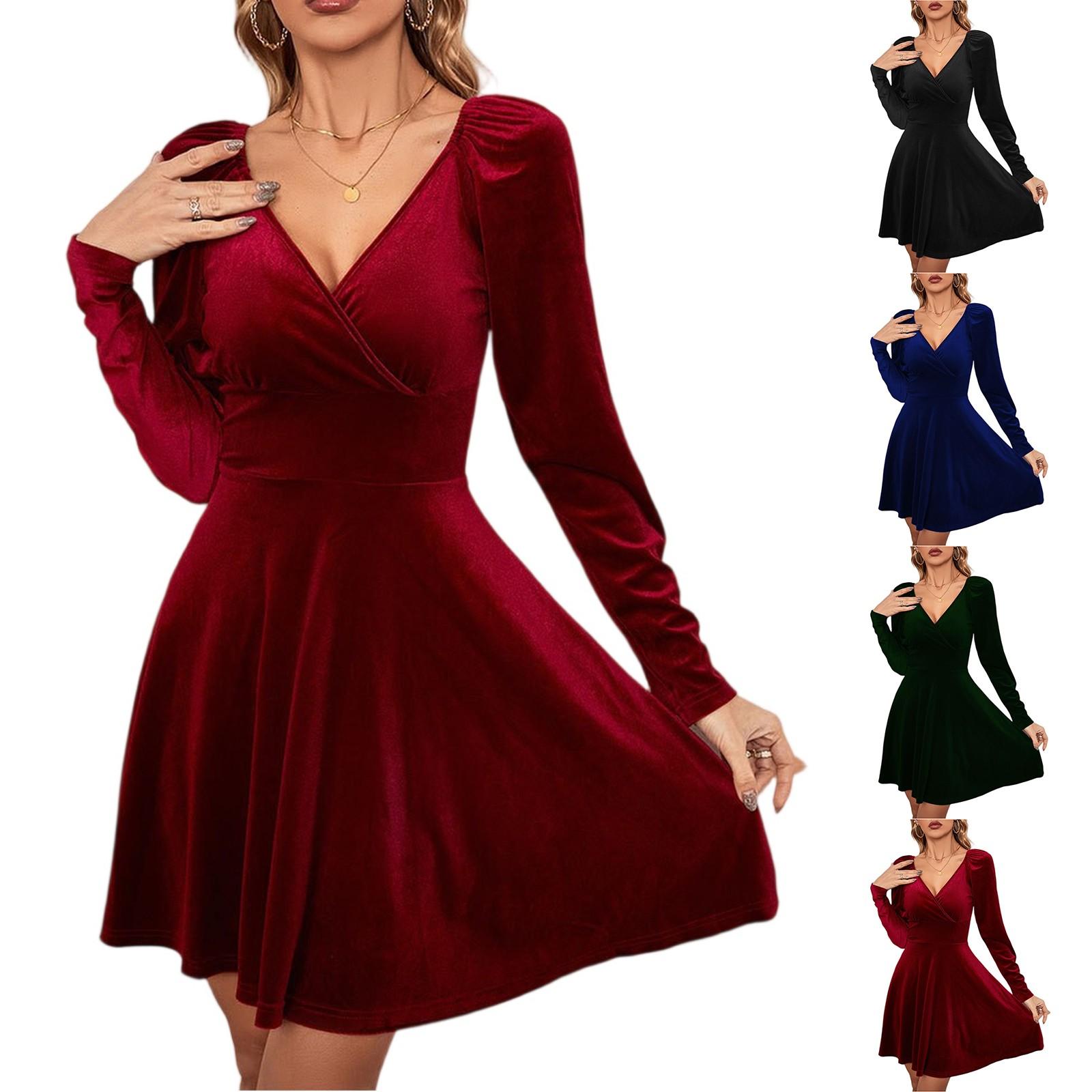 

Ladies Fashion V-neck Solid Color Sexy Long Sleeve Dress Banquet Dress Dress M винний