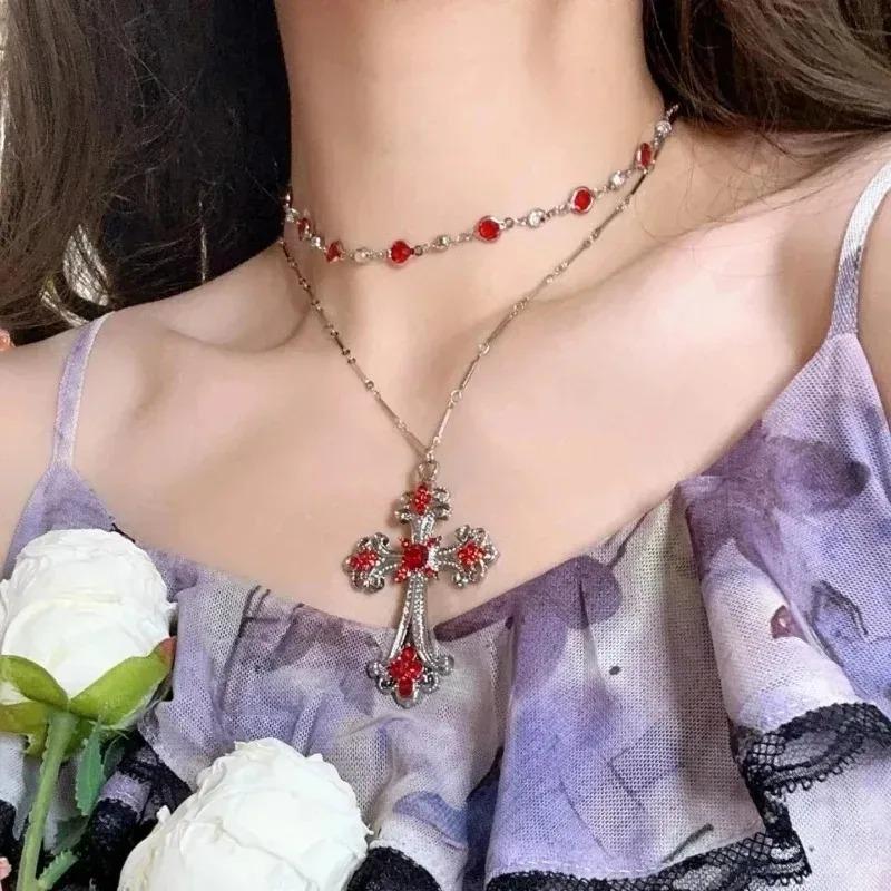 2026 New Punk Y2k Red Cross Double-layered Necklace