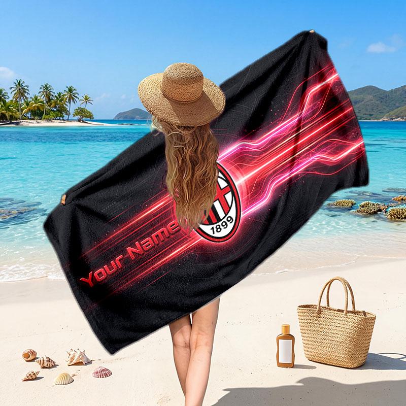 AC Milan Custom Beach Towel, Personalized Name Text Print, Football Logo Soft Quick‑Dry Towel Holiday Gift