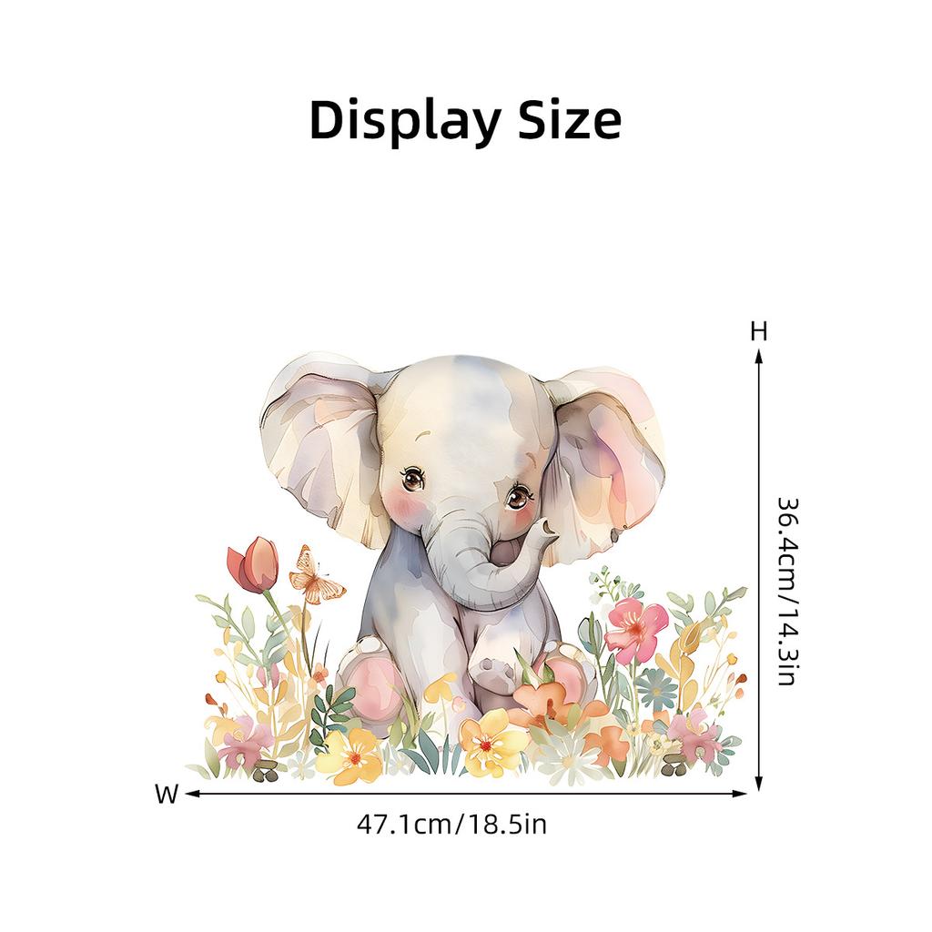 Cute Watercolor Baby Elephant with Flowers Wall Stickers, Ins Style Self-Adhesive Decor for Kids Room Wall Decoration