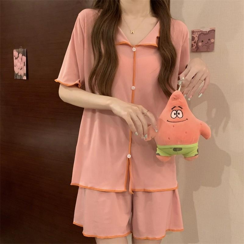 Short-Sleeved Pajamas Female Suit Korean Version of The Thin Fake Cardigan Lapel Buttons Simple Ice Silk Home Wear