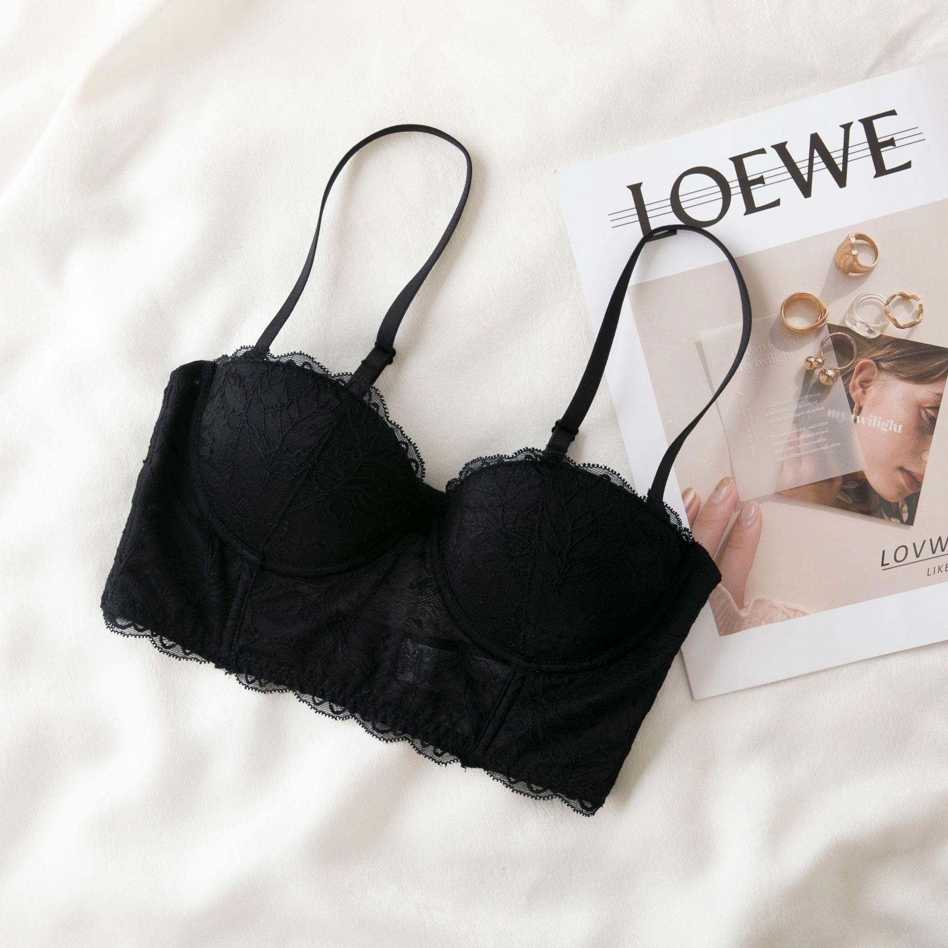 

Женский кружевной бюстгальтер пуш-ап с полуоткрытой чашкой для маленькой груди - осенний дизайн против провисания 36C чёрный