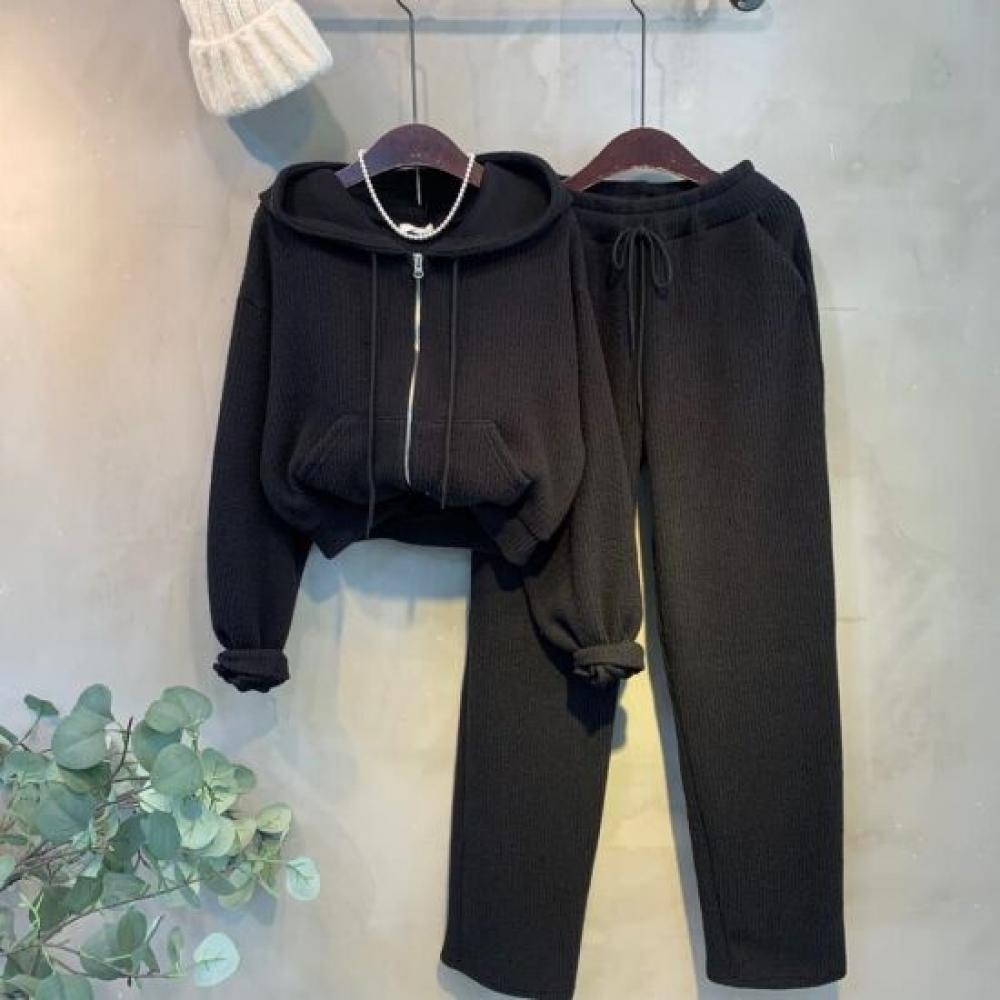 C S In The Room Hooded Zip Up Ribbed StretCh Long Sleeve Set pantS 2ColorS