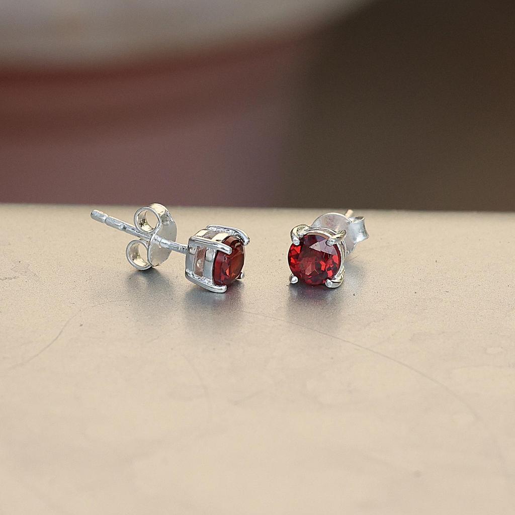 Faceted Red Garnet Silver Stud Earring 925 Sterling Silver Handmade Jewelry Gift For Her