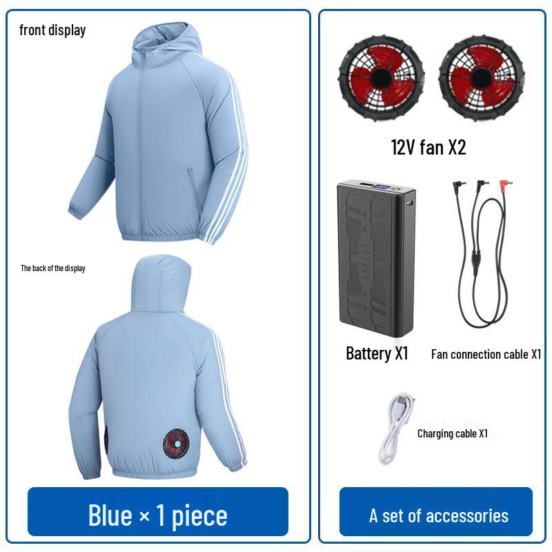 Paar Kapuzen-Sonnenschutz-Kühljacke mit Ventilator zur Vorbeugung von Hitzschlag im Freien