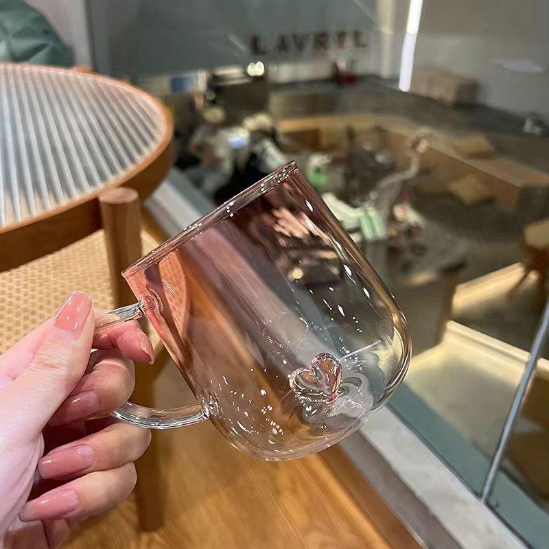 

Color Heat-resistant Heart-shaped Bottom Glass Water Cup High Value Transparent With Handle Mug Couple Water Cup 400ml