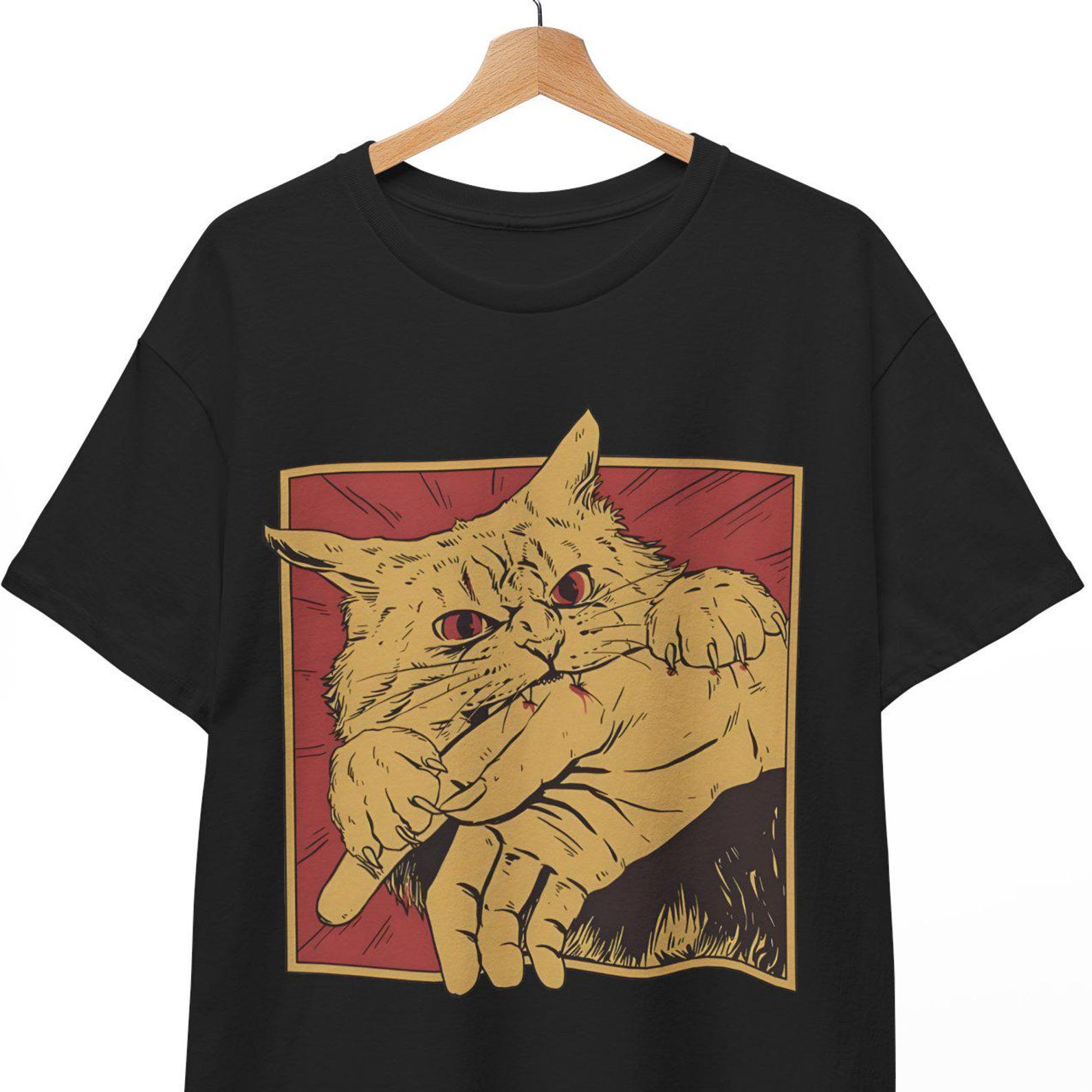 Vintage Cat Bite T-Shirt - Japanese Horror Anime Tee - Retro Graphic Cat Shirt - Crazy Cats Cool Graphic Unisex Tee - S to 5XL 4XL