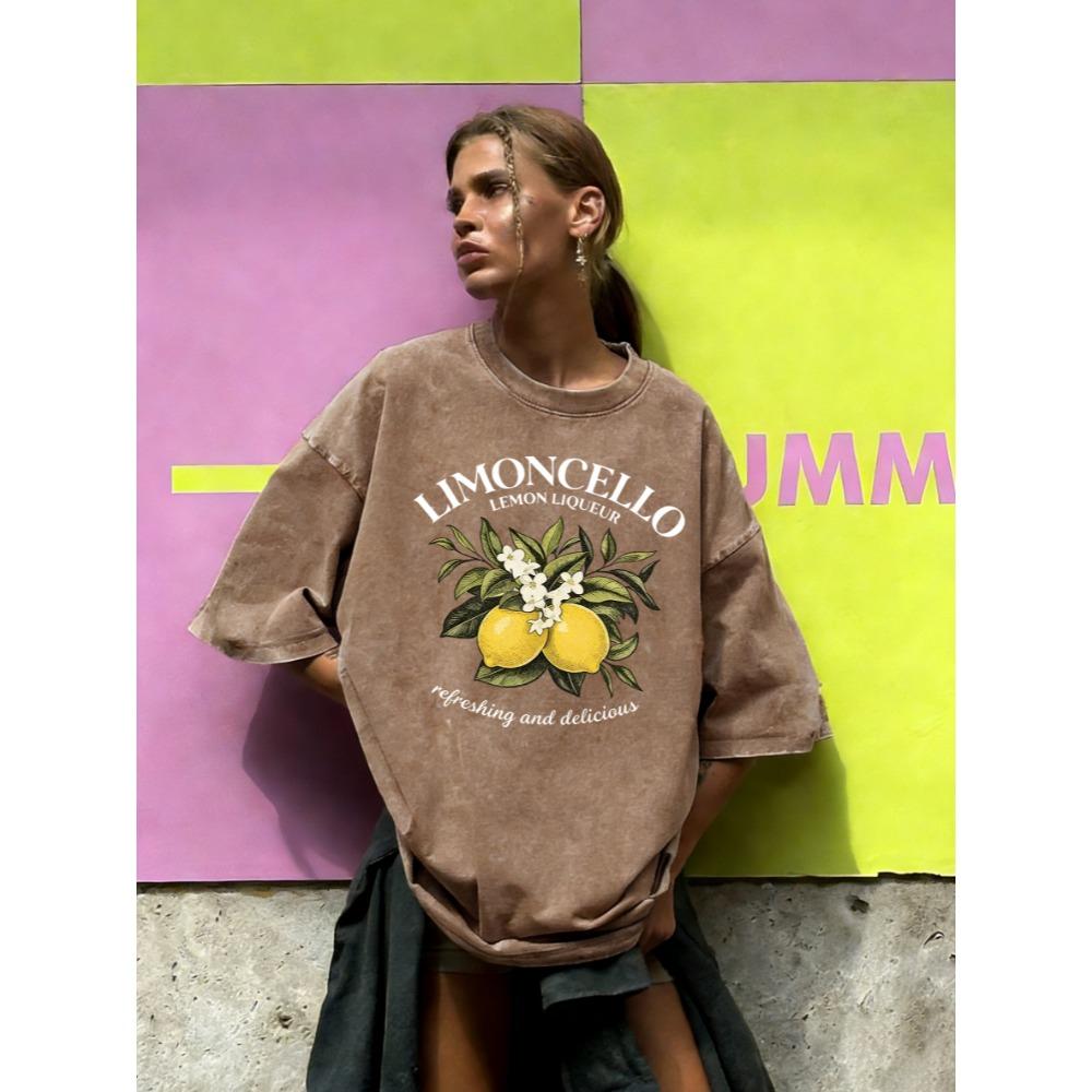 

Limoncello Delicious Lemons Printed Women Washed T Shirt Summer Cotton T-Shirts Loose Breathable Clothes Short Sleeves 3XL