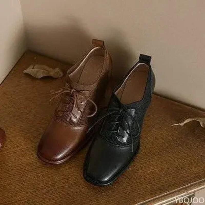 Women Pumps Luxury Leather High Heels New British Style Fashion Square Toe Block Heel Single Shoes Chunky Elastic Leather Shoes