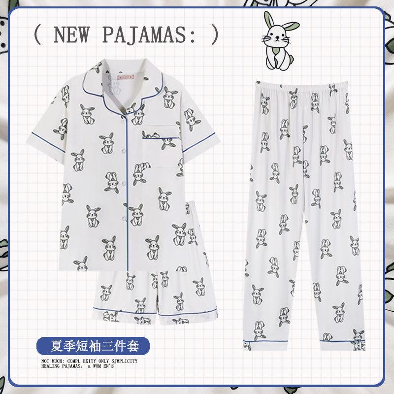 Soft Waxy Rabbit Pajamas Women's Japanese Milk Gentle and Cute Cartoon Girly Casual Short-sleeved Loungewear Three-piece Set