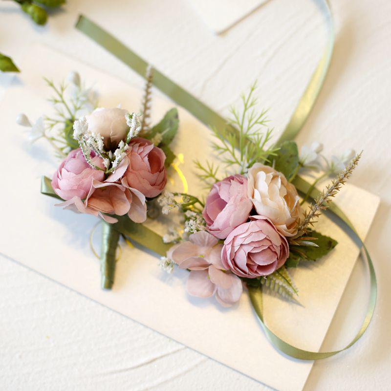 Mori-Style Korean Camellia Wedding Boutonniere & Bridesmaid Wrist Corsage Set