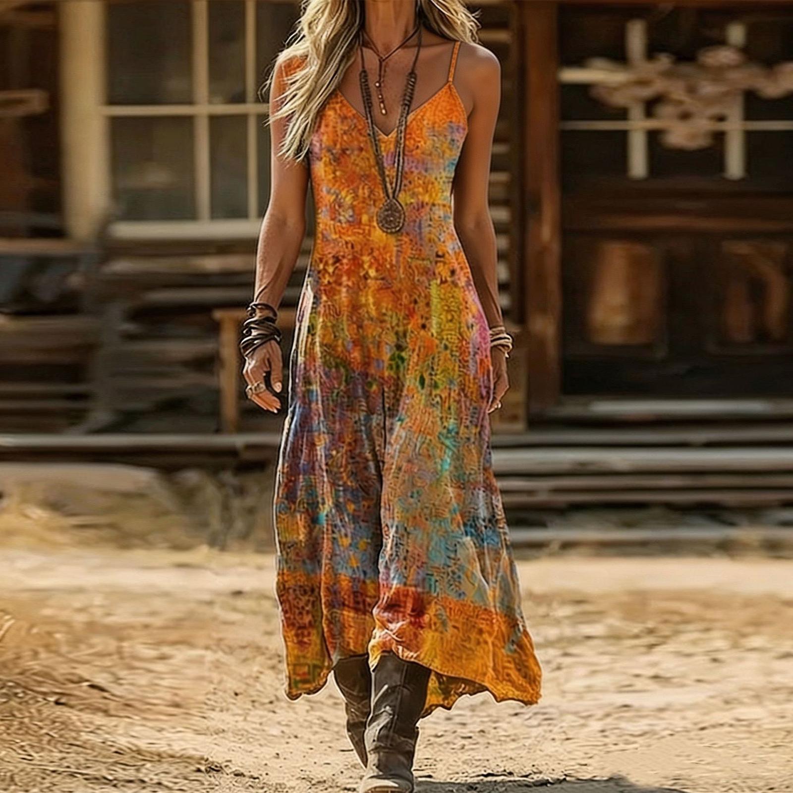 

Women s Vintage Bohemian Printed V-Neck Sling Dress S