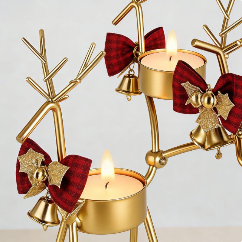 Christmas Bell Bow Metal Candle Holder Festive Reindeer Table Centerpiece for Holiday Decor Rustic Iron Craft