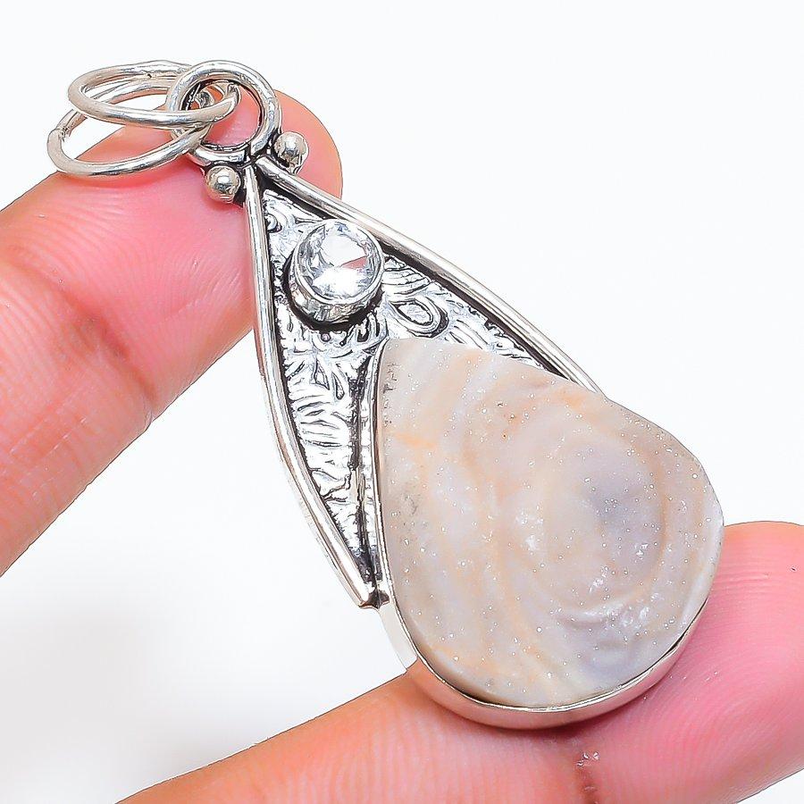 Natural Desert Rose Druzy, Topaz 925 Sterling Silver Jewelry Pendant 2.36" ZS-469