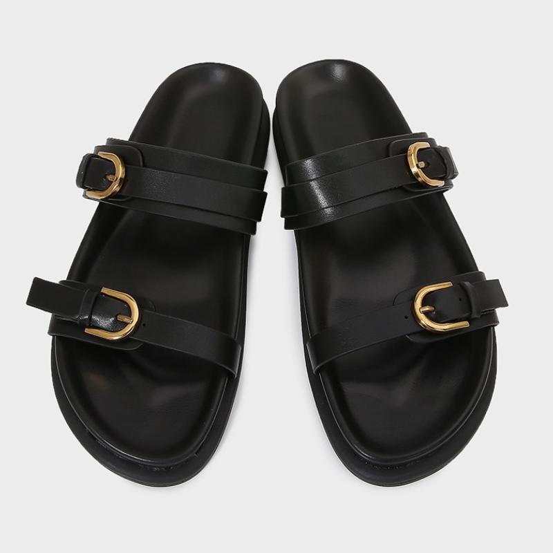 Fashion Metal Buckle Soft Leather Women Roman Shoes Thick Bottom Women Summer Slippers Leisure Comfort Non-slip Women Beach Flat Sandals